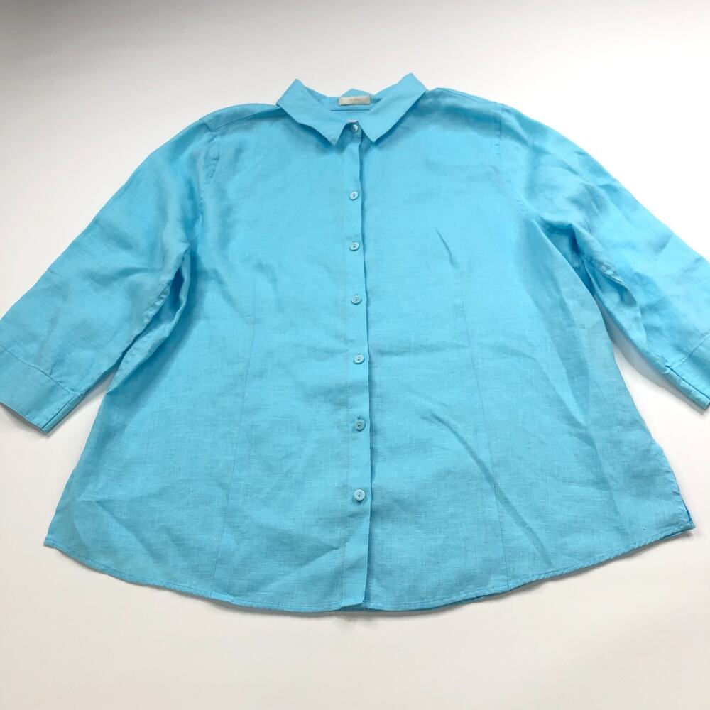 Chico's No Iron No Tag LG? 100% Linen Button Long Sleeve Collared Shirt Blue